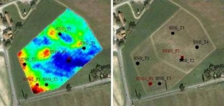 Confronto fra mappa di resistivitÃ  apparente eseguita con metodo ARP e foto aerea Google Earth.