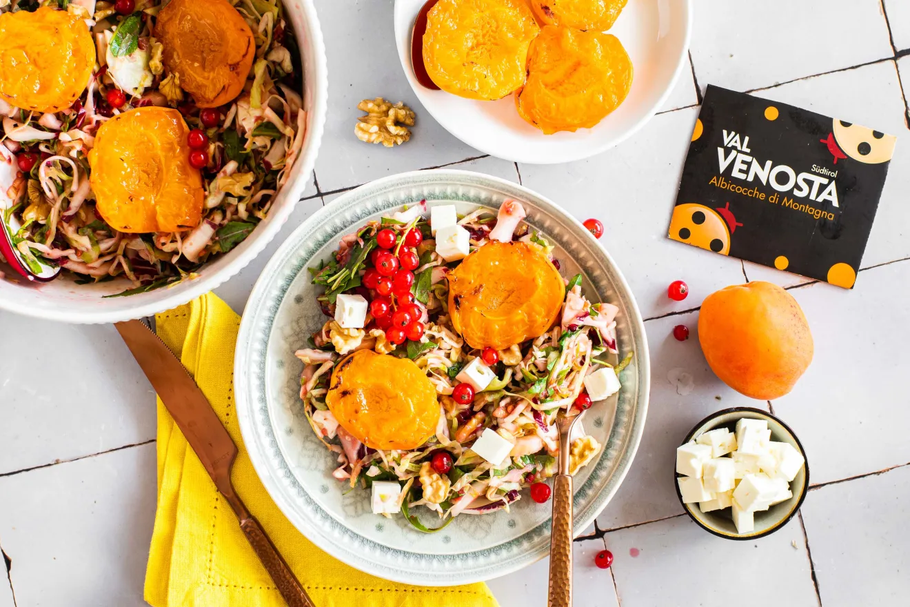 Insalata di cavolo cappuccio e radicchio con Albicocche Val Venosta grigliate